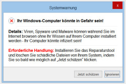 Angebliche Systemwarnung. Klicken Sie, um den Screenshot zu vergrößern. Angebliche Systemwarnung. Klicken Sie, um den Screenshot zu vergrößern.